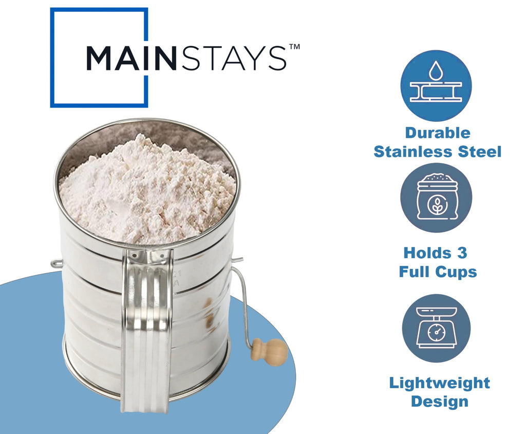 Mainstays Stainless Steel 3 Cup Flour Hand-Crank Sifter with Beechwood Handle Silver - Image 5